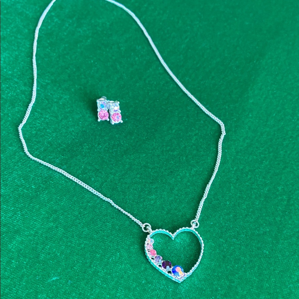 NEW Set of Necklace heart with Aurora Borealis glass and earrings white pink etc